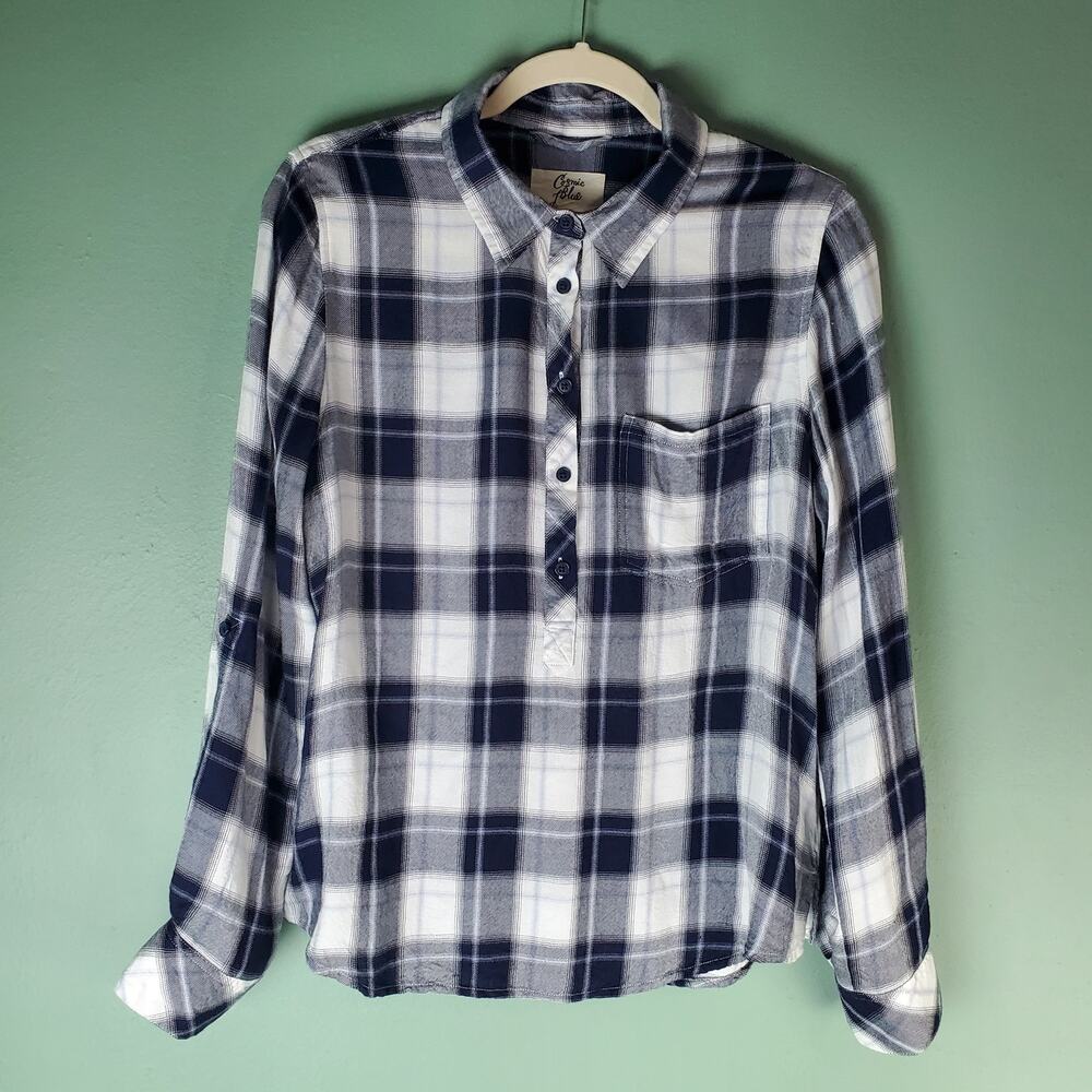 Cosmic Blue Love Womens Plaid Button Up Long Sleeve Shirt Size Medium